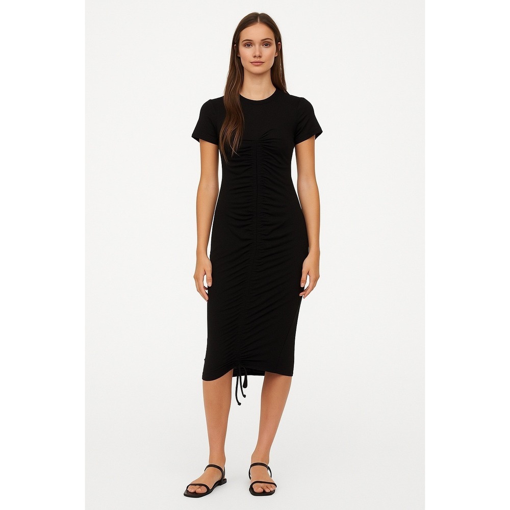 Pretty Garbage Bodycon Dress Black Ruched Drawstring Short Sleeve Women's L NWT